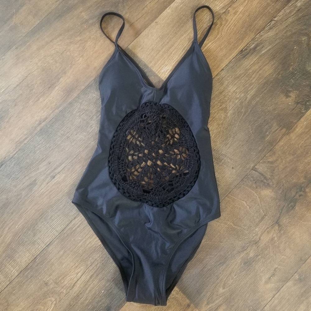Blooming jelly a black embroidered one piece swims